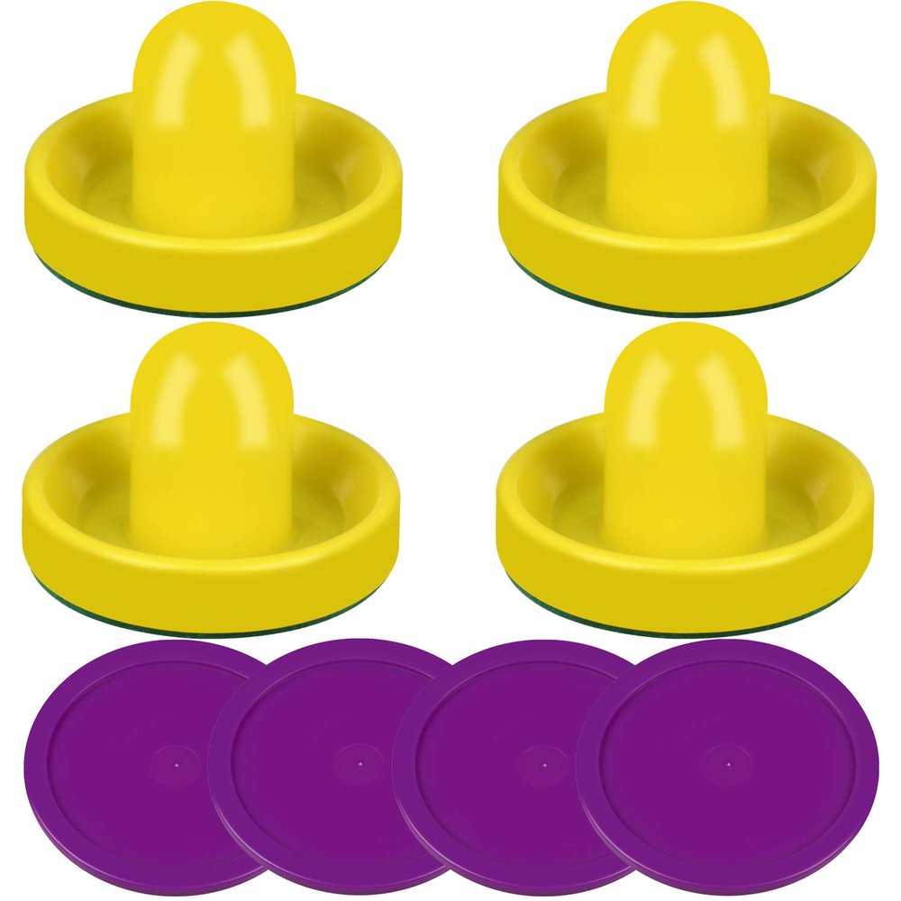 ONE250 Air Hockey Pushers and Purple Air Hockey Pucks, Goal Handles Paddles Replacement Accessories for Game Tables (4 Striker, 4 Puck Pack) (Yellow)