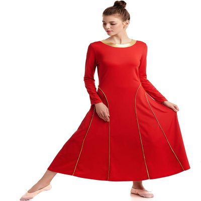 MYRISAM Adults Women Seamed Praise Robe Worship Dance Dress Long Sleeve Gold Metallic Liturgical Full Length Dancewear Red XL