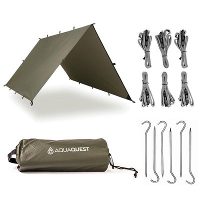 AquaQuest Safari Tarp Kit  Lightweight Waterproof (5,000 mm) Seam-Taped Ripstop Rain Fly for Backpacking, Thru-Hiking & Hammock Camping  10x10 Olive Drab