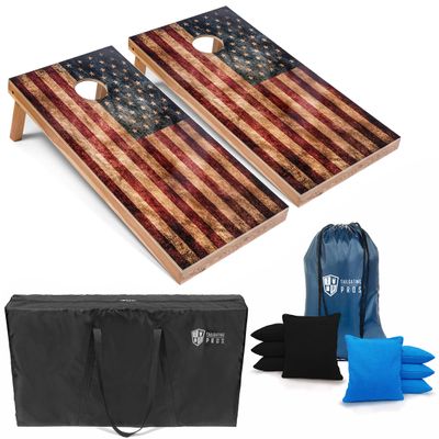 Tailgating Pros Rustic American Flag Cornhole Boards w/Bean Bags - 4'x2' Distressed Flag Cornhole Game w/Carrying Case & Corn Hole Bags