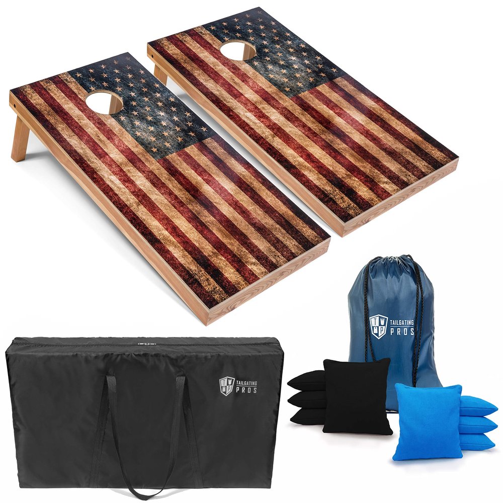Tailgating Pros Rustic American Flag Cornhole Boards w/Bean Bags - 4'x2' Distressed Flag Cornhole Game w/Carrying Case & Corn Hole Bags