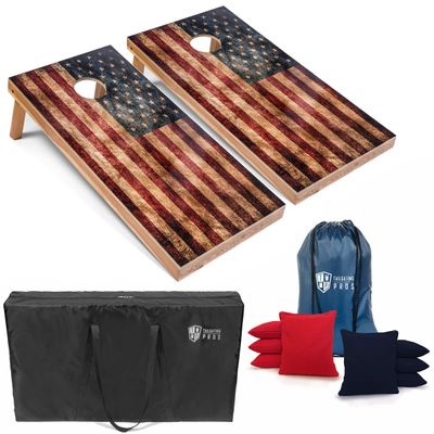 Tailgating Pros Rustic American Flag Cornhole Boards w/Bean Bags - 4'x2' Distressed Flag Cornhole Game w/Carrying Case & Corn Hole Bags