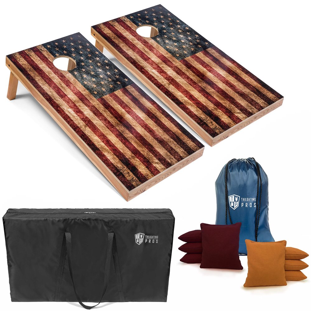 Tailgating Pros Rustic American Flag Cornhole Boards w/Bean Bags - 4'x2' Distressed Flag Cornhole Game w/Carrying Case & Corn Hole Bags