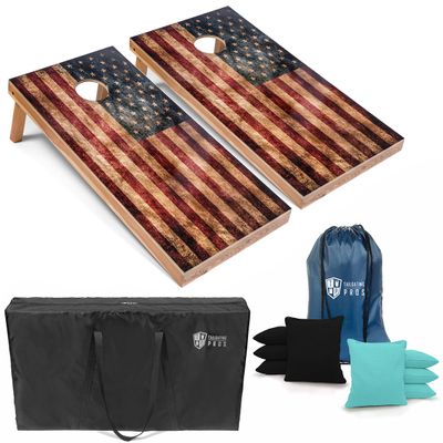 Tailgating Pros Rustic American Flag Cornhole Boards w/Bean Bags - 4'x2' Distressed Flag Cornhole Game w/Carrying Case & Corn Hole Bags