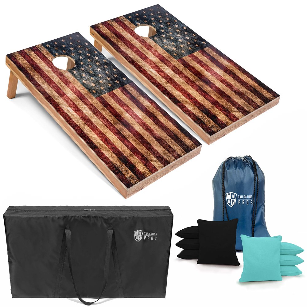 Tailgating Pros Rustic American Flag Cornhole Boards w/Bean Bags - 4'x2' Distressed Flag Cornhole Game w/Carrying Case & Corn Hole Bags