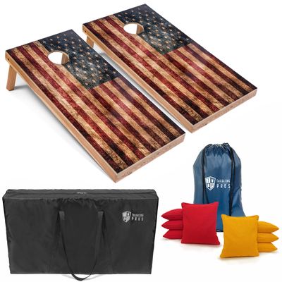 Tailgating Pros Rustic American Flag Cornhole Boards w/Bean Bags - 4'x2' Distressed Flag Cornhole Game w/Carrying Case & Corn Hole Bags