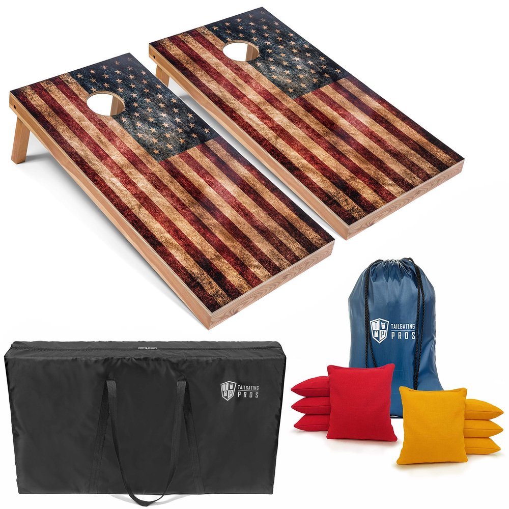 Tailgating Pros Rustic American Flag Cornhole Boards w/Bean Bags - 4'x2' Distressed Flag Cornhole Game w/Carrying Case & Corn Hole Bags