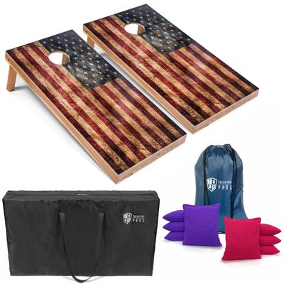 Tailgating Pros Rustic American Flag Cornhole Boards w/Bean Bags - 4'x2' Distressed Flag Cornhole Game w/Carrying Case & Corn Hole Bags