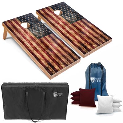 Tailgating Pros Rustic American Flag Cornhole Boards w/Bean Bags - 4'x2' Distressed Flag Cornhole Game w/Carrying Case & Corn Hole Bags