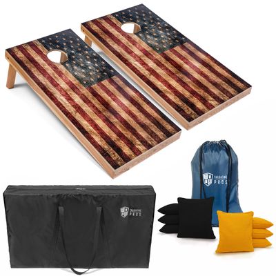 Tailgating Pros Rustic American Flag Cornhole Boards w/Bean Bags - 4'x2' Distressed Flag Cornhole Game w/Carrying Case & Corn Hole Bags