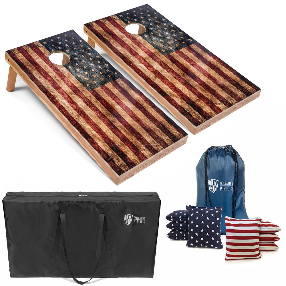 Tailgating Pros Rustic American Flag Cornhole Boards w/Bean Bags - 4'x2' Distressed Flag Cornhole Game w/Carrying Case & Corn Hole Bags
