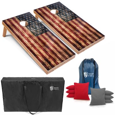 Tailgating Pros Rustic American Flag Cornhole Boards w/Bean Bags - 4'x2' Distressed Flag Cornhole Game w/Carrying Case & Corn Hole Bags