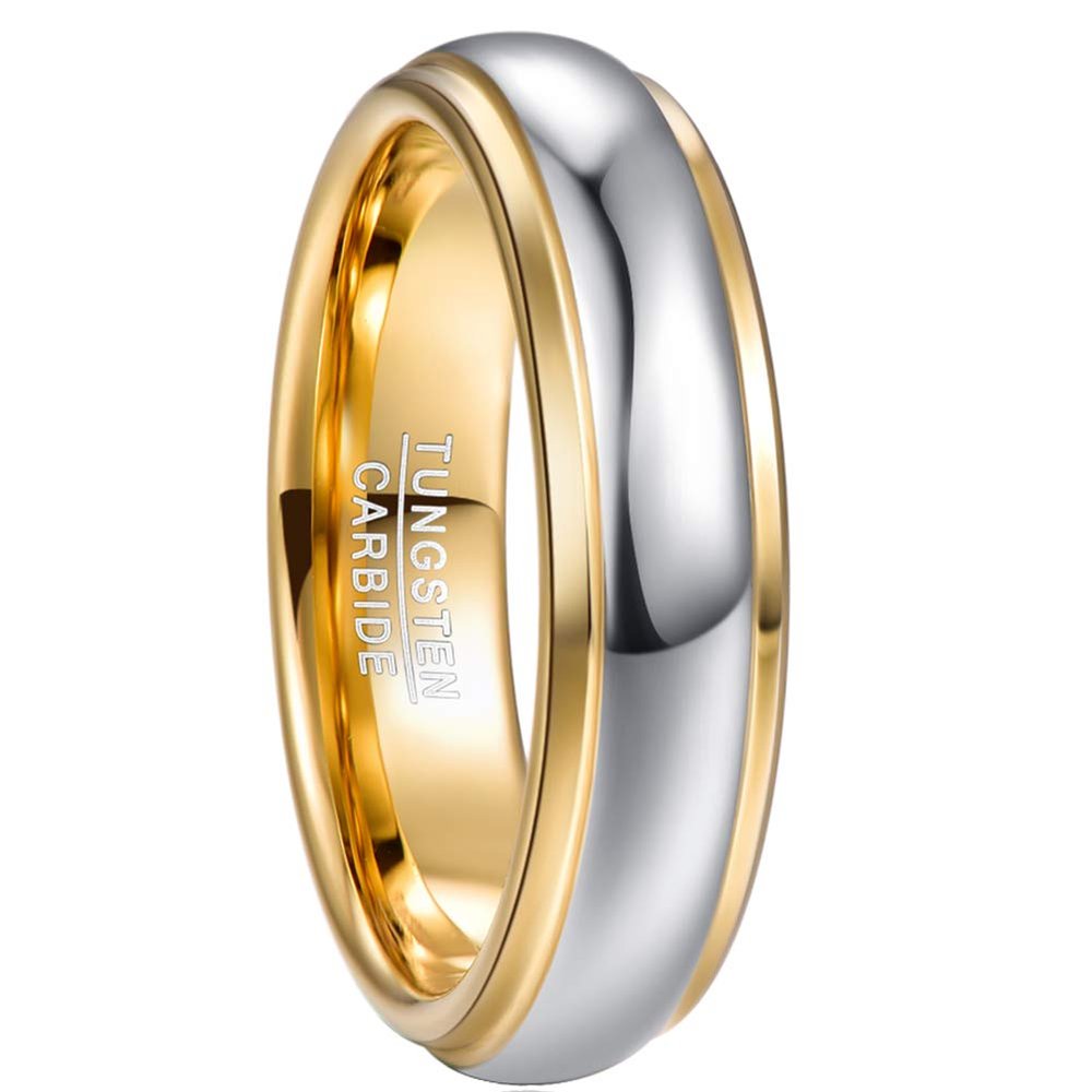 NUNCAD 6mm 14K Gold-Plated Tungsten Rings for Men Women Two-Tone Silver-Plated Polished Finish Wedding Bands Step Edges Size 11.5