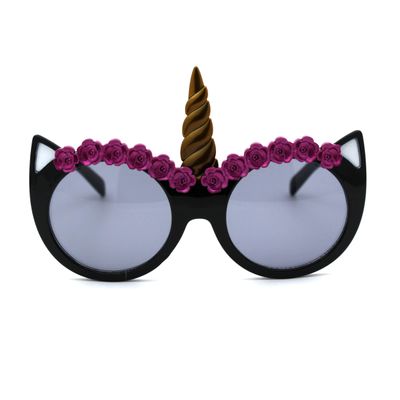 SA106 Girls Child Size Flower Trim Unicorn Kitty Ear Plastic Round Sunglasses Black Smoke