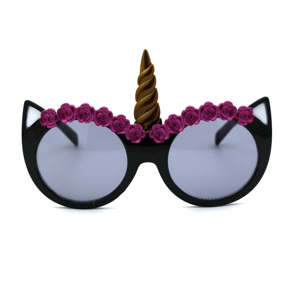 SA106 Girls Child Size Flower Trim Unicorn Kitty Ear Plastic Round Sunglasses Black Smoke