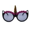 SA106 Girls Child Size Flower Trim Unicorn Kitty Ear Plastic Round Sunglasses Black Smoke