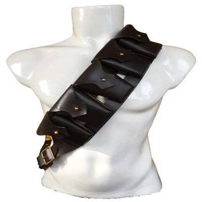 British Army Infantry Military Reproduction Genuine Leather Brown 5 Five Pocket Pouches P1903 1903 WW1 WWI & WW2 WWII Ammo Clips Rounds Shoulder Rig Bandolier