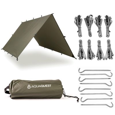 AquaQuest Safari Tarp Kit  Lightweight Waterproof (5,000 mm) Seam-Taped Ripstop Rain Fly for Backpacking, Thru-Hiking & Hammock Camping  13x10 Olive Drab