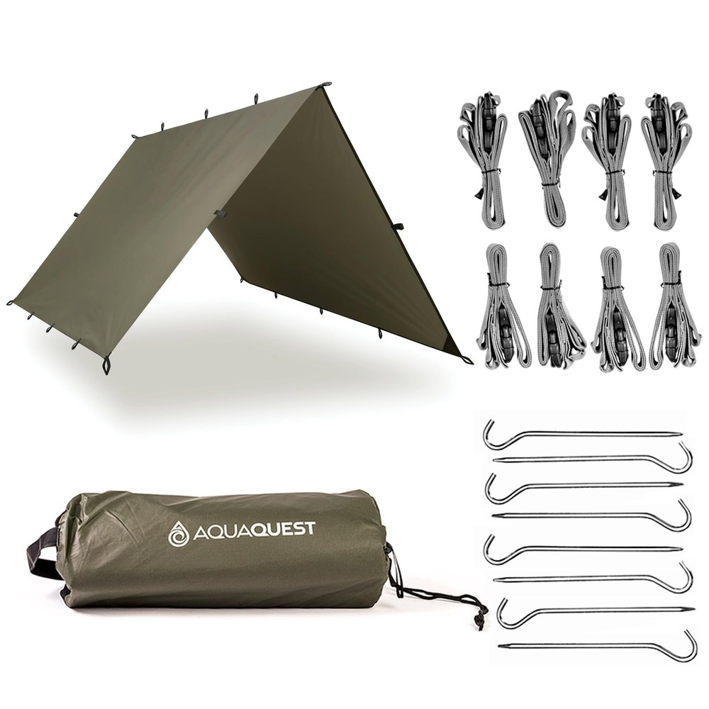 AquaQuest Safari Tarp Kit Lightweight Waterproof (5,000 mm) Seam-Taped Ripstop Rain Fly for Backpacking, Thru-Hiking & Hammock Camping 13x10 Olive Drab