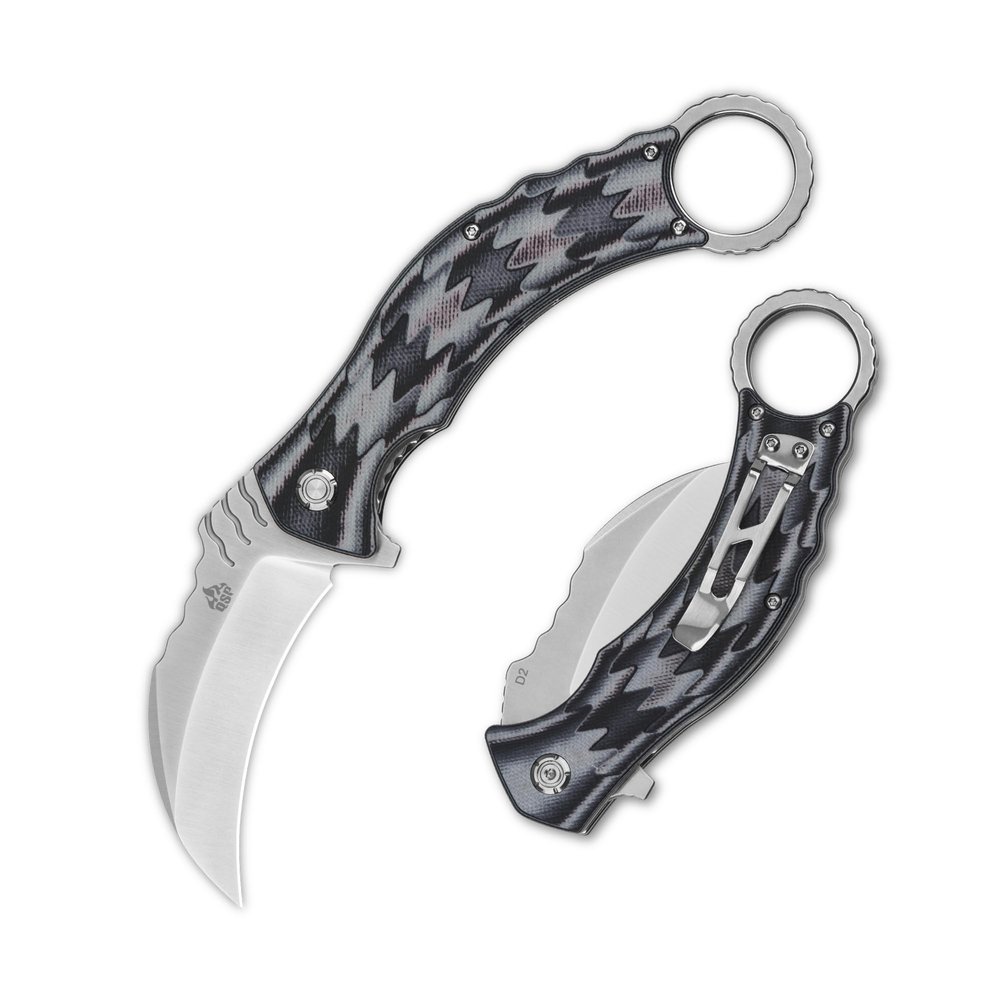 QSP Eagle Folding Pocket Knife, 3.12" D2 Satin Blade EDC Tactical Knife, Black & Gray G10 Handle, Liner Lock, Ceramic Ball Bearings, SS Clip