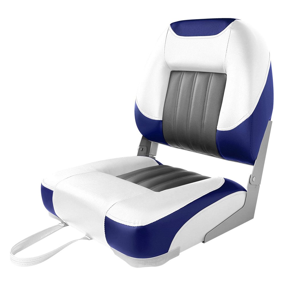 XGEAR Deluxe Low Back Boat Seat, Fold-Down Fishing Boat Seat (White/Blue, 1 Seat)