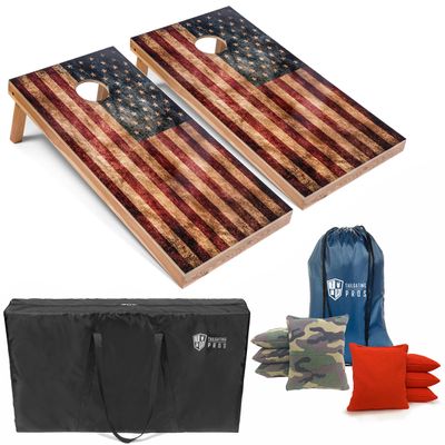 Tailgating Pros Rustic American Flag Cornhole Boards w/Bean Bags - 4'x2' Distressed Flag Cornhole Game w/Carrying Case & Corn Hole Bags