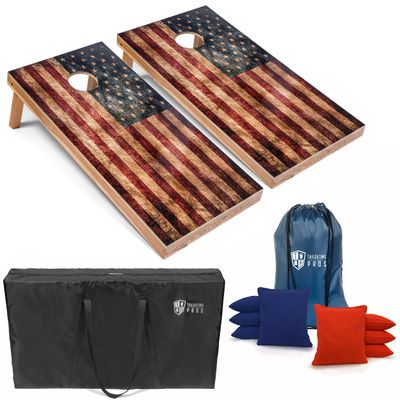 Tailgating Pros Rustic American Flag Cornhole Boards w/Bean Bags - 4'x2' Distressed Flag Cornhole Game w/Carrying Case & Corn Hole Bags