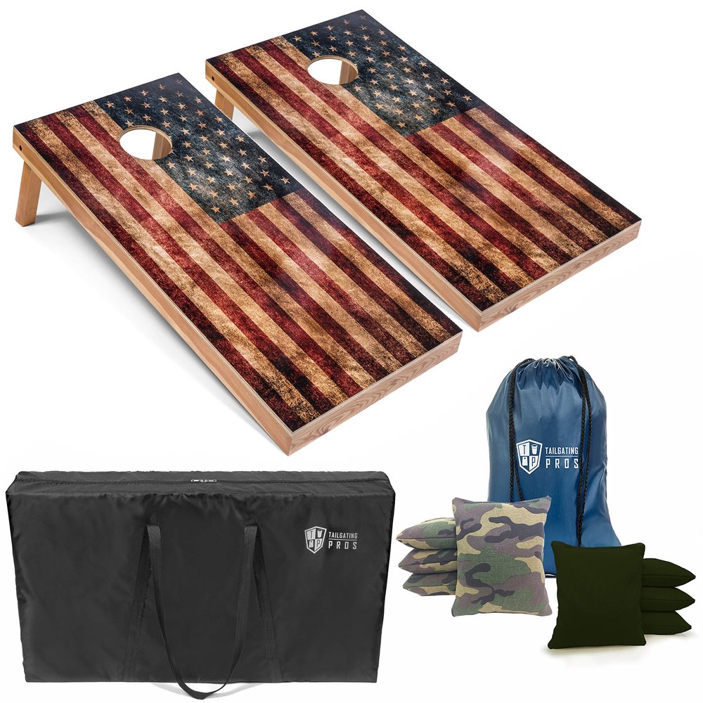 Tailgating Pros Rustic American Flag Cornhole Boards w/Bean Bags - 4'x2' Distressed Flag Cornhole Game w/Carrying Case & Corn Hole Bags