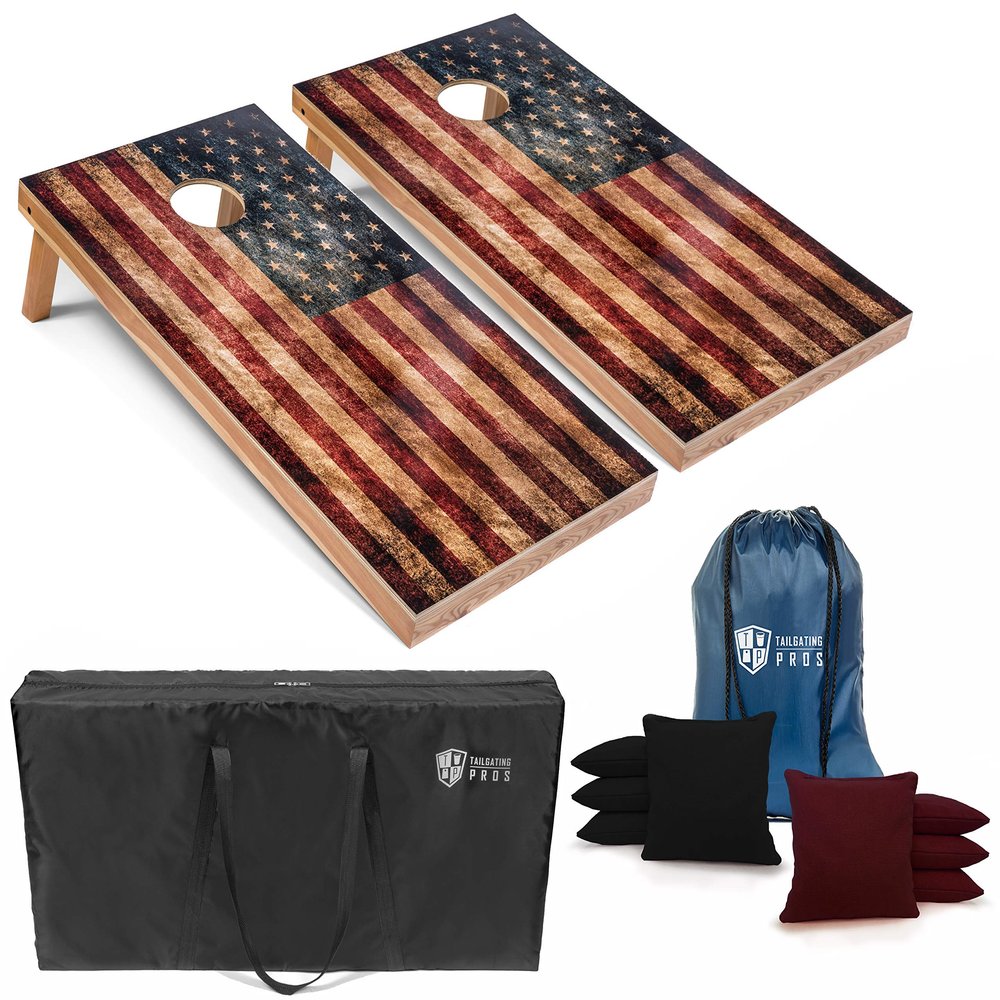 Tailgating Pros Rustic American Flag Cornhole Boards w/Bean Bags - 4'x2' Distressed Flag Cornhole Game w/Carrying Case & Corn Hole Bags