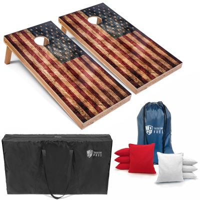 Tailgating Pros Rustic American Flag Cornhole Boards w/Bean Bags - 4'x2' Distressed Flag Cornhole Game w/Carrying Case & Corn Hole Bags