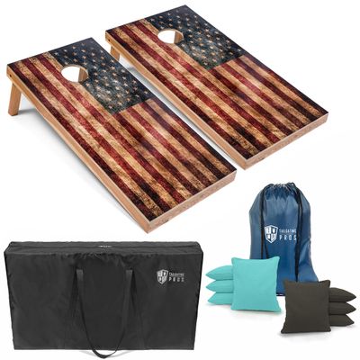 Tailgating Pros Rustic American Flag Cornhole Boards w/Bean Bags - 4'x2' Distressed Flag Cornhole Game w/Carrying Case & Corn Hole Bags Baby/Charcoal
