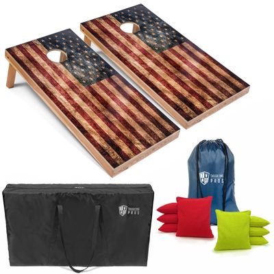 Tailgating Pros Rustic American Flag Cornhole Boards w/Bean Bags - 4'x2' Distressed Flag Cornhole Game w/Carrying Case & Corn Hole Bags