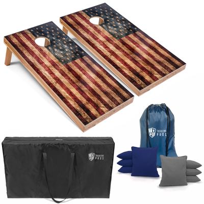 Tailgating Pros Rustic American Flag Cornhole Boards w/Bean Bags - 4'x2' Distressed Flag Cornhole Game w/Carrying Case & Corn Hole Bags