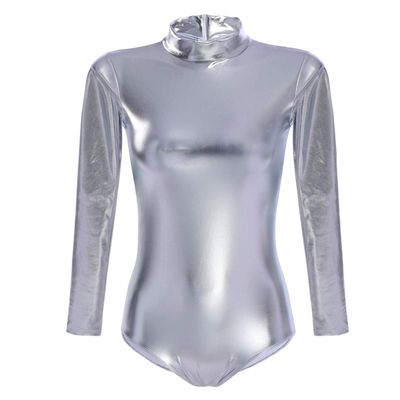 Womens Shiny Metallic Bodysuit Gymnastics Ballet Dance Leotard Long Sleeve Mock Neck Jumpsuit Romper Top Ballerina Workout Yoga Tights Unitard One Piece Thong Training Dancewear Costume Silver XL