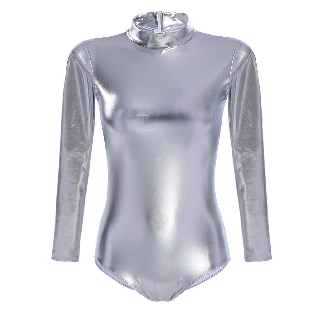 Womens Shiny Metallic Bodysuit Gymnastics Ballet Dance Leotard Long Sleeve Mock Neck Jumpsuit Romper Top Ballerina Workout Yoga Tights Unitard One Piece Thong Training Dancewear Costume Silver XL
