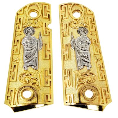 Gold Plated St. Jude Metal Grips for 1911 Full Size Government  Custom Ornamental Grip Panels with Ambi Cut Design and Matching Screws Included for Full Size Frames