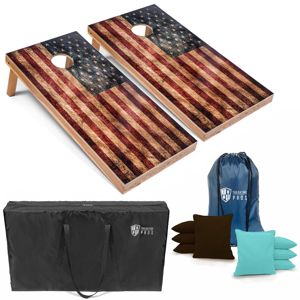 Tailgating Pros Rustic American Flag Cornhole Boards w/Bean Bags - 4'x2' Distressed Flag Cornhole Game w/Carrying Case & Corn Hole Bags