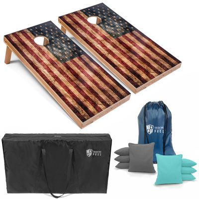 Tailgating Pros Rustic American Flag Cornhole Boards w/Bean Bags - 4'x2' Distressed Flag Cornhole Game w/Carrying Case & Corn Hole Bags