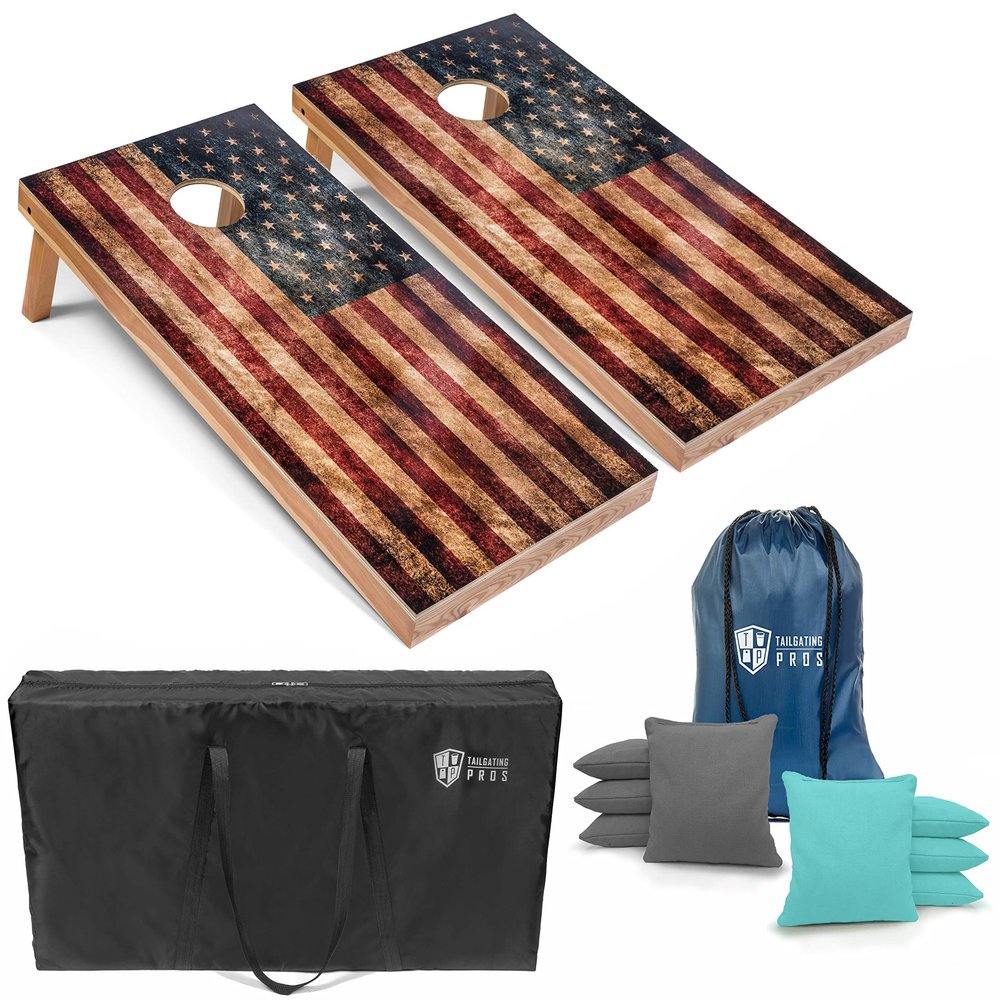 Tailgating Pros Rustic American Flag Cornhole Boards w/Bean Bags - 4'x2' Distressed Flag Cornhole Game w/Carrying Case & Corn Hole Bags