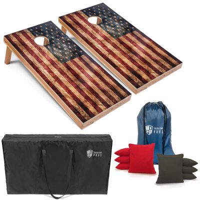Tailgating Pros Rustic American Flag Cornhole Boards w/Bean Bags - 4'x2' Distressed Flag Cornhole Game w/Carrying Case & Corn Hole Bags