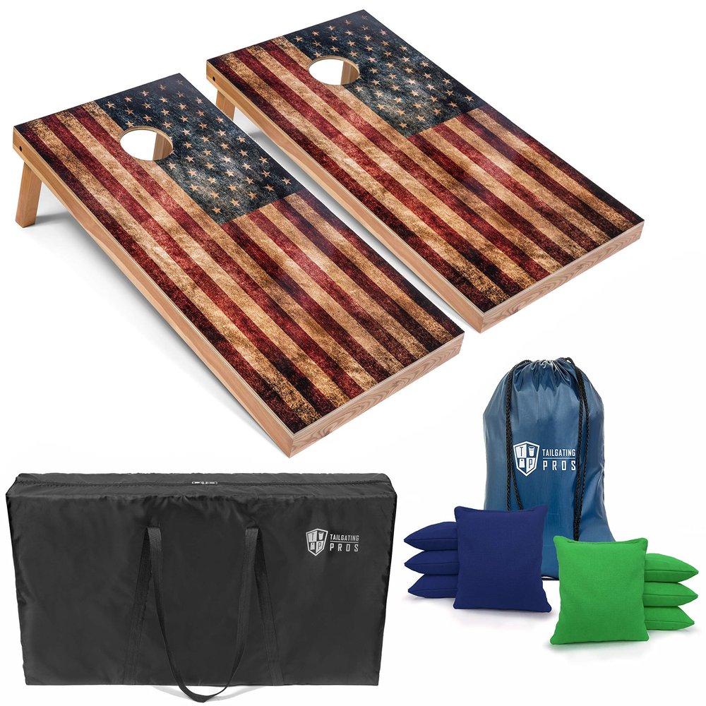 Tailgating Pros Rustic American Flag Cornhole Boards w/Bean Bags - 4'x2' Distressed Flag Cornhole Game w/Carrying Case & Corn Hole Bags