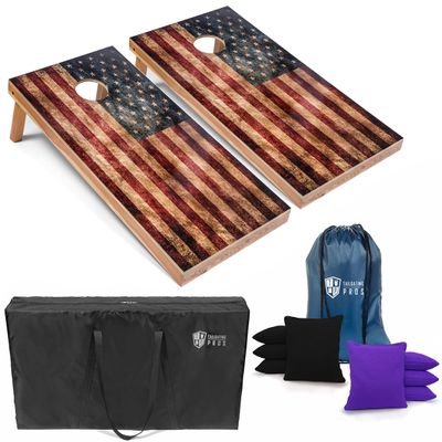 Tailgating Pros Rustic American Flag Cornhole Boards w/Bean Bags - 4'x2' Distressed Flag Cornhole Game w/Carrying Case & Corn Hole Bags