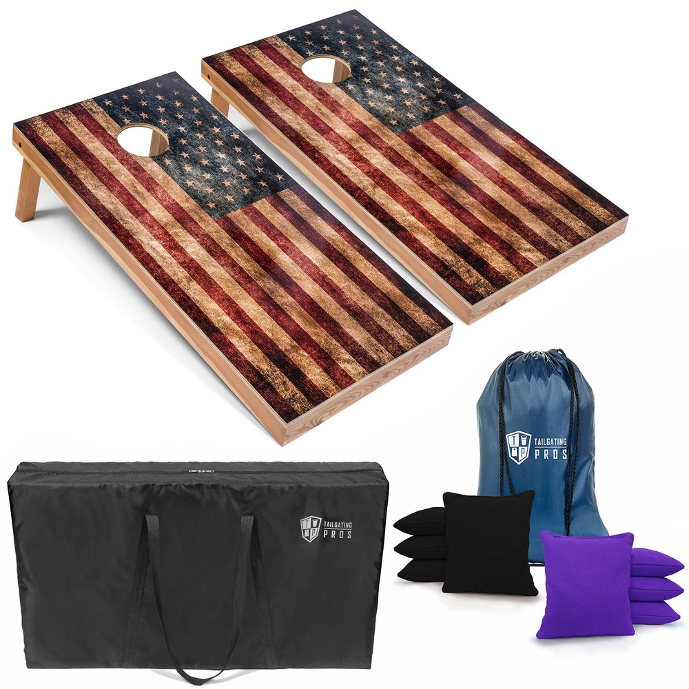 Tailgating Pros Rustic American Flag Cornhole Boards w/Bean Bags - 4'x2' Distressed Flag Cornhole Game w/Carrying Case & Corn Hole Bags