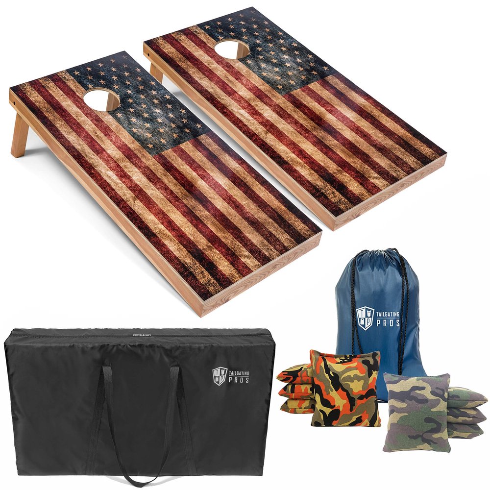 Tailgating Pros Rustic American Flag Cornhole Boards w/Bean Bags - 4'x2' Distressed Flag Cornhole Game w/Carrying Case & Corn Hole Bags
