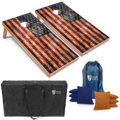 Tailgating Pros Rustic American Flag Cornhole Boards w/Bean Bags - 4'x2' Distressed Flag Cornhole Game w/Carrying Case & Corn Hole Bags