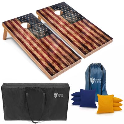 Tailgating Pros Rustic American Flag Cornhole Boards w/Bean Bags - 4'x2' Distressed Flag Cornhole Game w/Carrying Case & Corn Hole Bags
