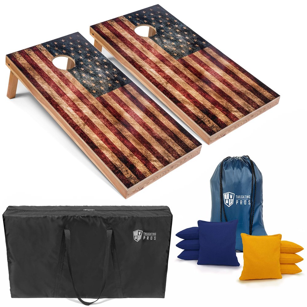 Tailgating Pros Rustic American Flag Cornhole Boards w/Bean Bags - 4'x2' Distressed Flag Cornhole Game w/Carrying Case & Corn Hole Bags