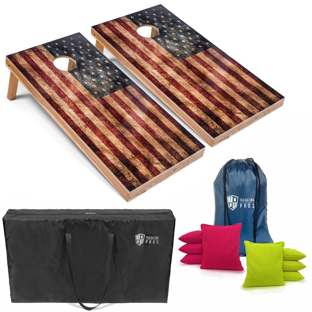 Tailgating Pros Rustic American Flag Cornhole Boards w/Bean Bags - 4'x2' Distressed Flag Cornhole Game w/Carrying Case & Corn Hole Bags