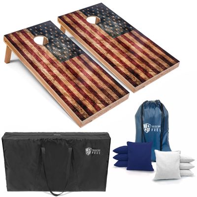 Tailgating Pros Rustic American Flag Cornhole Boards w/Bean Bags - 4'x2' Distressed Flag Cornhole Game w/Carrying Case & Corn Hole Bags