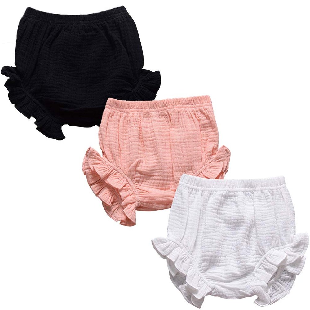 3PC Shorts Set Newborn Baby Girls Boys Pants Cotton Linen Blend Cute Floral Bloomer Triangle Shorts Diaper Cover (B White+Black+Pink,6-12 Months)